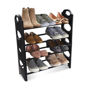 Shoe Rack Cabinet Organiser 4 Shelves, Black (Iron and Plastic)
