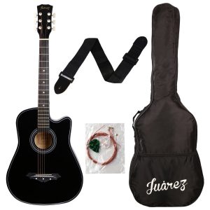 Juarez Acoustic Guitar, 38 Inch Cutaway, 038C with Bag, Strings, Pick and Strap, Black