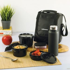 Cello Max Fresh All in One Lunch Box Set of 5 with Fabric Bag | 3 Plastic Containers with Steel Inner, 1 Pickle Box and 1 Steel Bottle | Microwave Safe | Full Meal and Easy to Carry, Black, Large